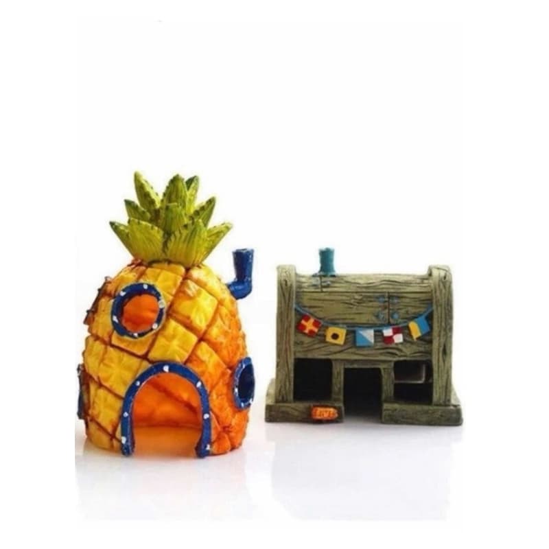 kit Enfeite De Aquário Fenda Do Biquíni Bob Esponja Casa Abacaxi + Lanchonete Siri Cascudo