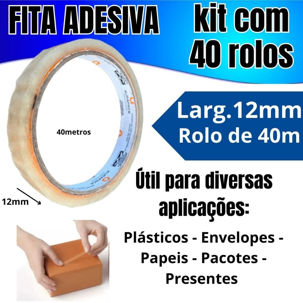 Kit com 40 Rolos Fita Adesiva Durex Fino Transparente 12mmX40m Incolor Resistente Gruda Fácil