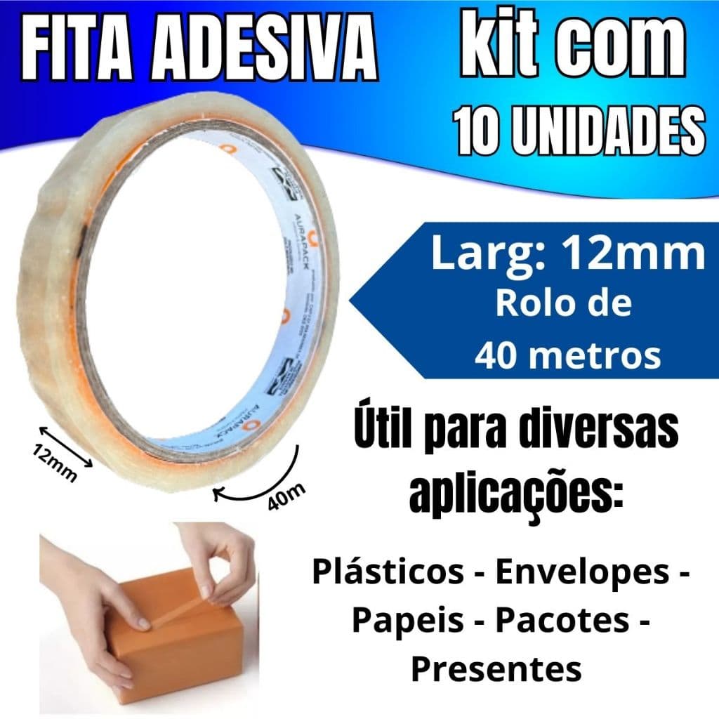 Kit com 10 Rolos Fita Adesiva Durex Fino Transparente 12mmX40m Incolor Resistente Gruda Fácil