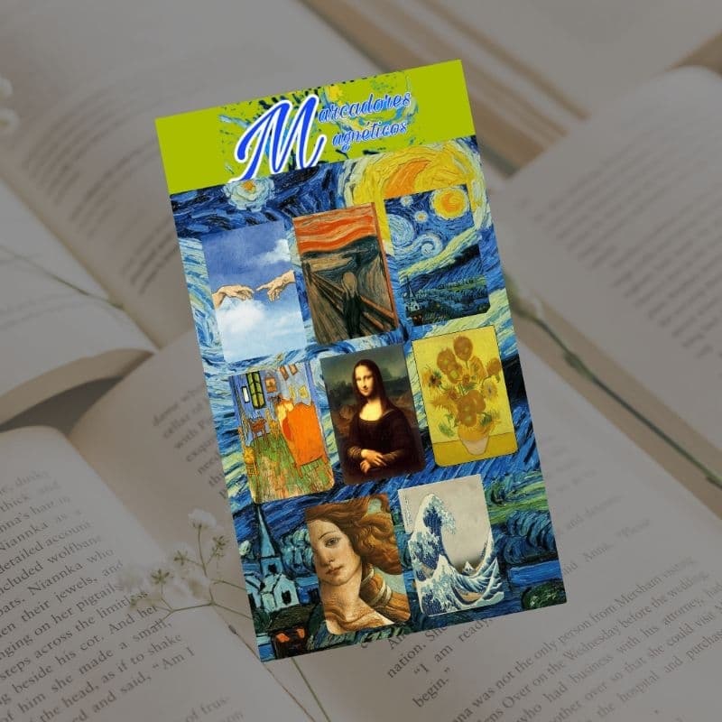 Cartela com 8 mini marcadores magnéticos obras de arte Van Gogh Leonardo da Vinci Claude Monet mod5