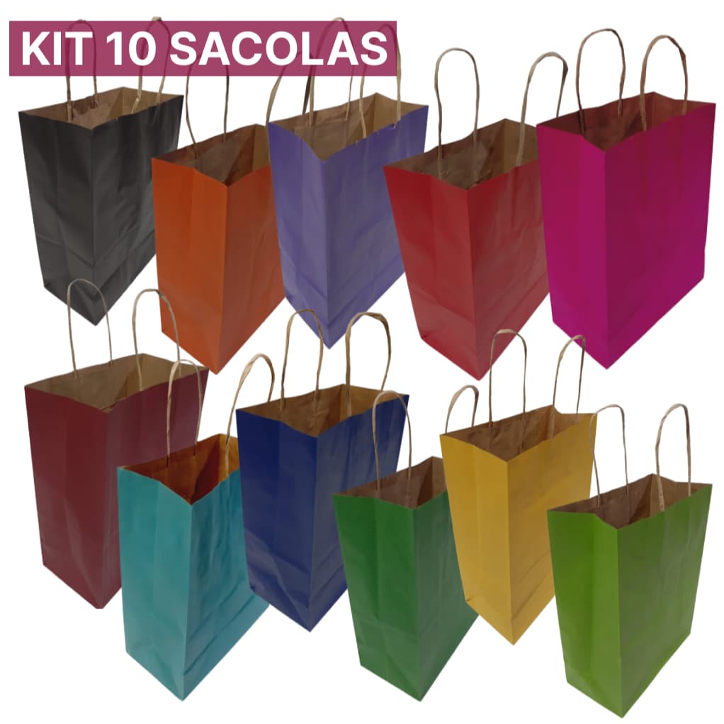 Sacolas Coloridas de papel - Pacote 10 Unidades - alça craft 17,5cmx8,5cmx21,56m