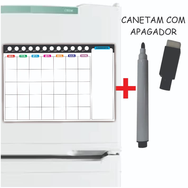 Imã de Geladeira Planner Mensal Magnético com Caneta Escreve e Apaga