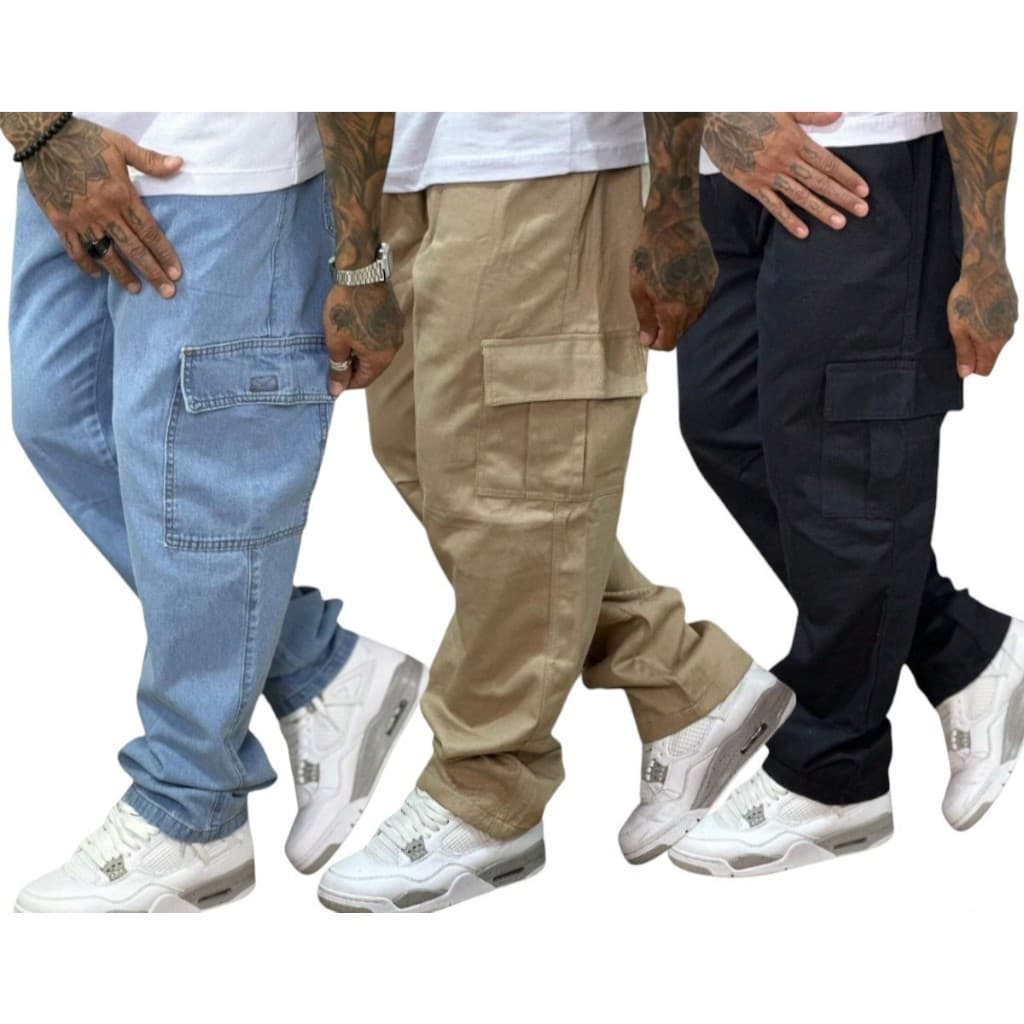Calça Cargo Jeans Larga Masculina Bolso Lateral Streetwear Estilo de rua