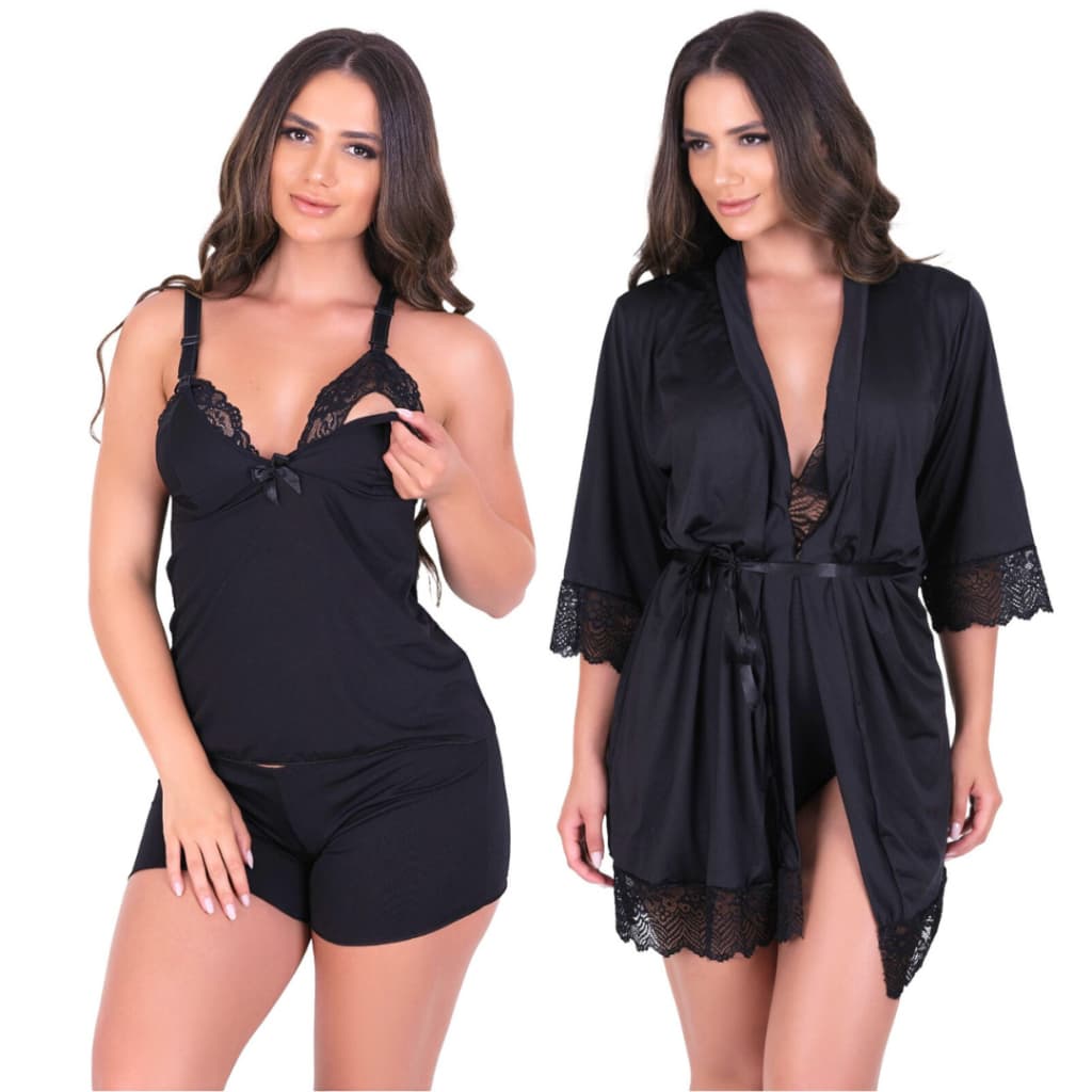 Kit com Baby Doll Sem bojo de Amamentação e Robe de Microfibra com Renda Pijama de Amamentar Sexy