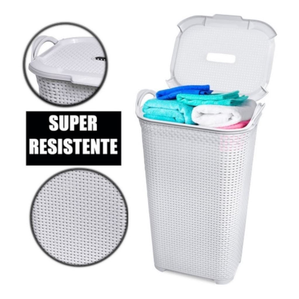 Cesto de Roupa Rattan Grande C/ Tampa Basculada Preto 50 Litros Arqplast