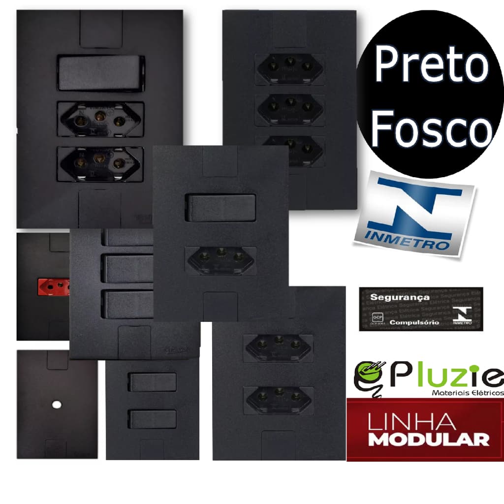Tomada Interruptor Pluzie Modular Preto Fosco Linha Completa