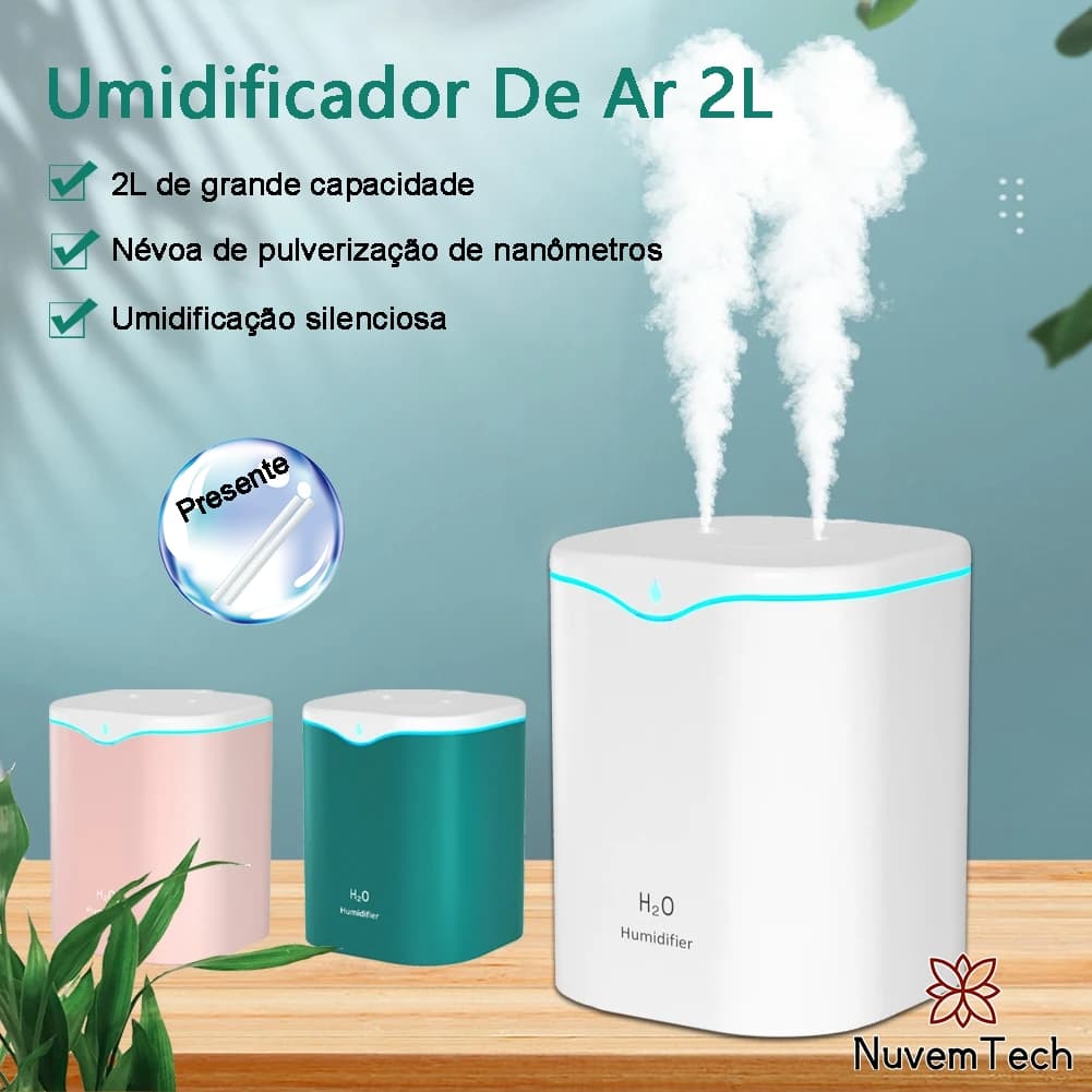 Umidificador De Ar 2 Litros Grande Aromatizador De Ambiente USB LED Purificador Difusor De Aroma Ultrassônico Bico Duplo