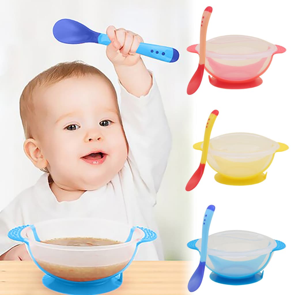 Kit alimentação para bebê livre BPA completo Colher com sensor de temperatura tigela com tampa ventosa que gruda na mesa