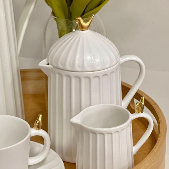 Bule C/ Tampa em Cerâmica Branco 600ml Colibri