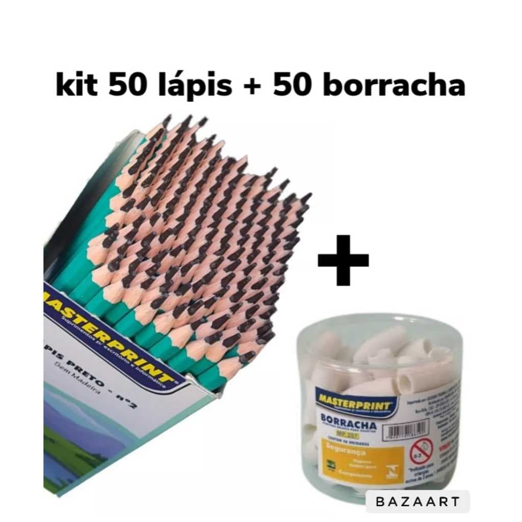 Kit 50 Lápis de Escrever Nº2 Preto + 50 Borracha Escolar  Ponteira Branca Masterprint