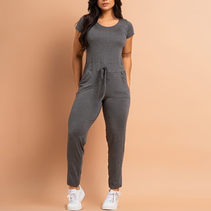 Macacão Feminino Longo Casual Manga Curta Com Bolsos Calça Jogger Liso Viscolycra