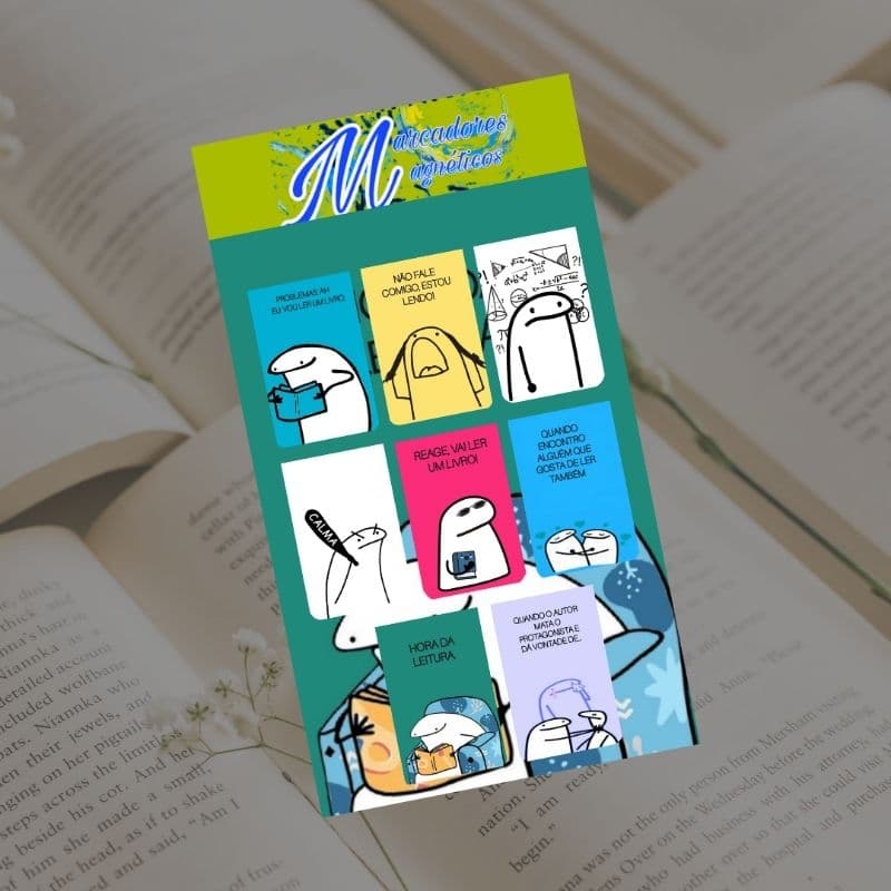 Cartela com 8 mini marcadores magnéticos modelos variados flork livros obras de arte