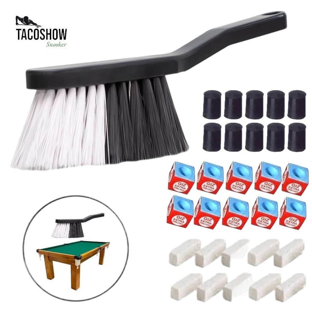 10 Ponteiras Virola Rista Taco de Sinuca 10 Giz Azul Bilhar 10 Giz Branco 1 Escova Para Limpeza Mesa