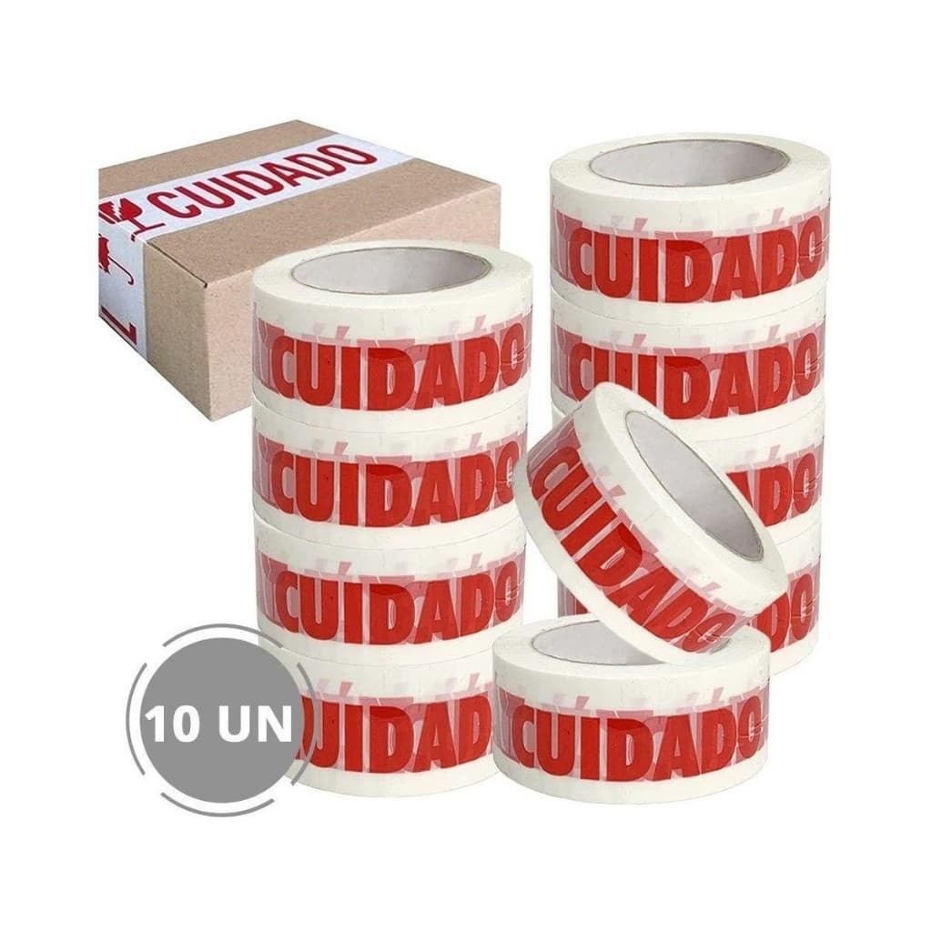 Kit 10 Rolos Fita adesiva Cuidado Fragil com 100 Metros 45x100 Fundo branco