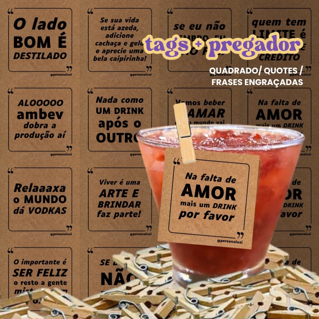 Kit tags para drinks com mini pregador frases divertidas quotes pardo 4,5cm decore casamento 15 anos aniversário