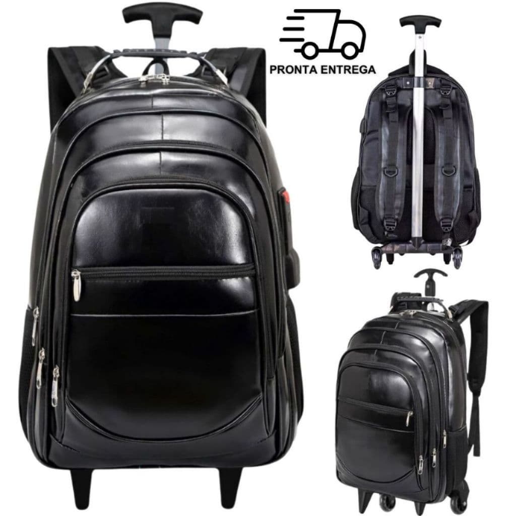 Mochila de Rodinha Carrinho Couro Reforçada Executiva Notebook Escolar Feminina Masculina