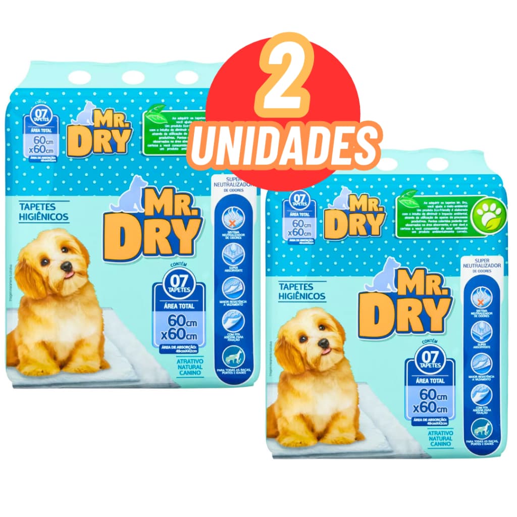 Kit 2 Tapetes Higiênicos Mr. Dry para Cães 60x60 com 7 Unidades Super Absorvente