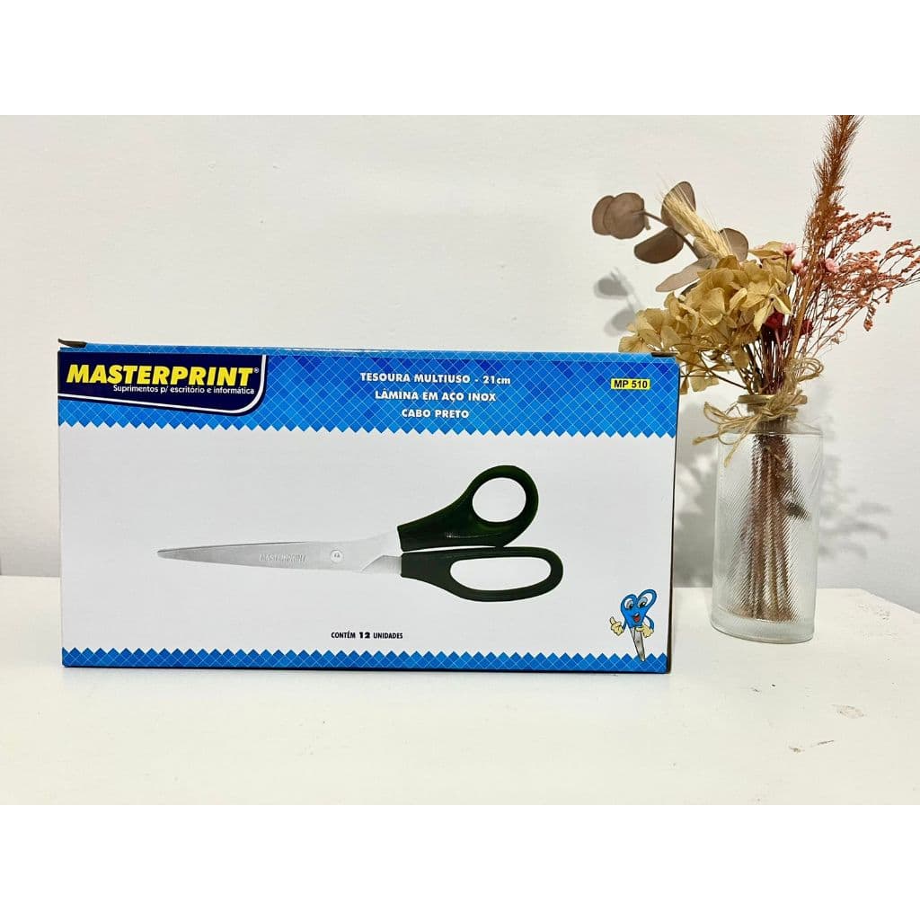Kit 12 Tesoura Multiuso Grande Aço Inox 21cm Cabo Preto Masterprint