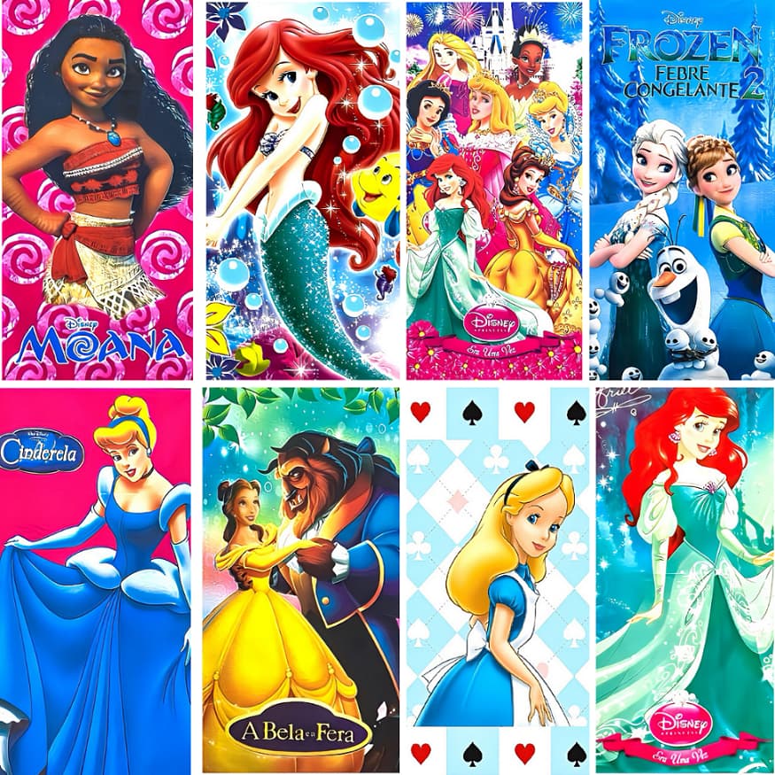 Toalha de Banho Infantil Princesas 1,40x0,70cm Ariel Cinderela Frozen Moana Mirabel Rapunzel Sininho Ótima Qualidade