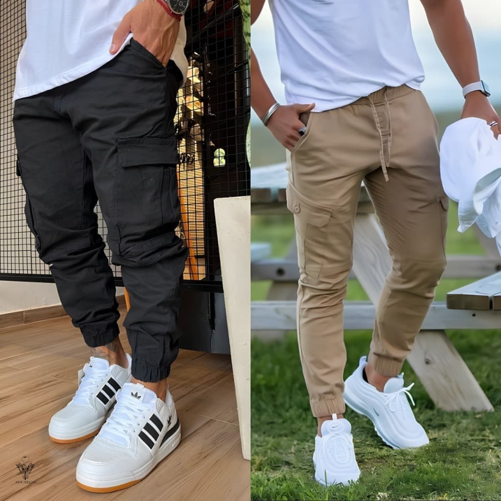 Calça Jogger Cargo Masculina Sarja E Jeans | Modelo Jogger com Bolsos | Elástico na Cintura e Barra | Moda Casual