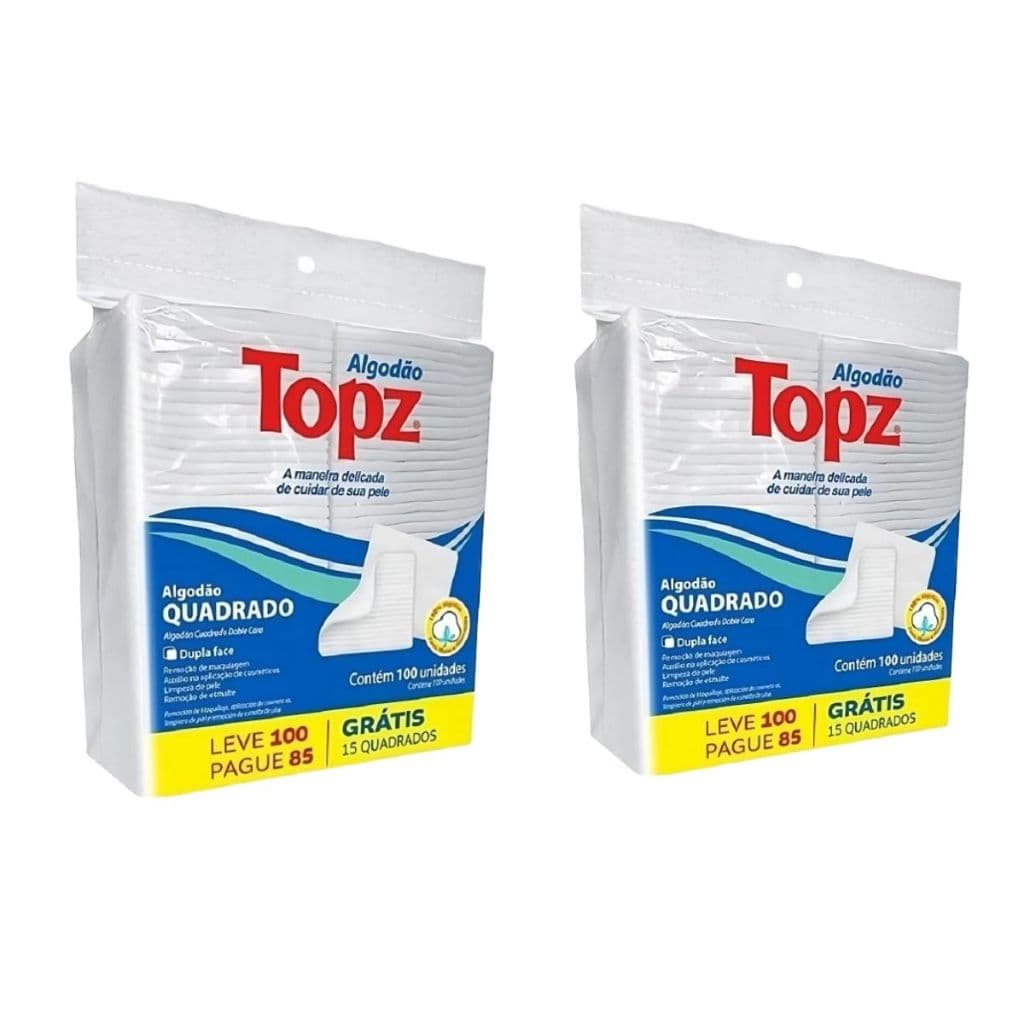 Kit C/2 Algodão Hidrófilo Quadrado Topz Dupla Face C/100 Unidades