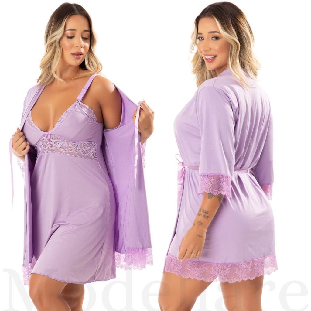 Kit Camisola Pós Parto Amamentação e Robe Conjunto Saída Maternidade Mamãe e Bebê