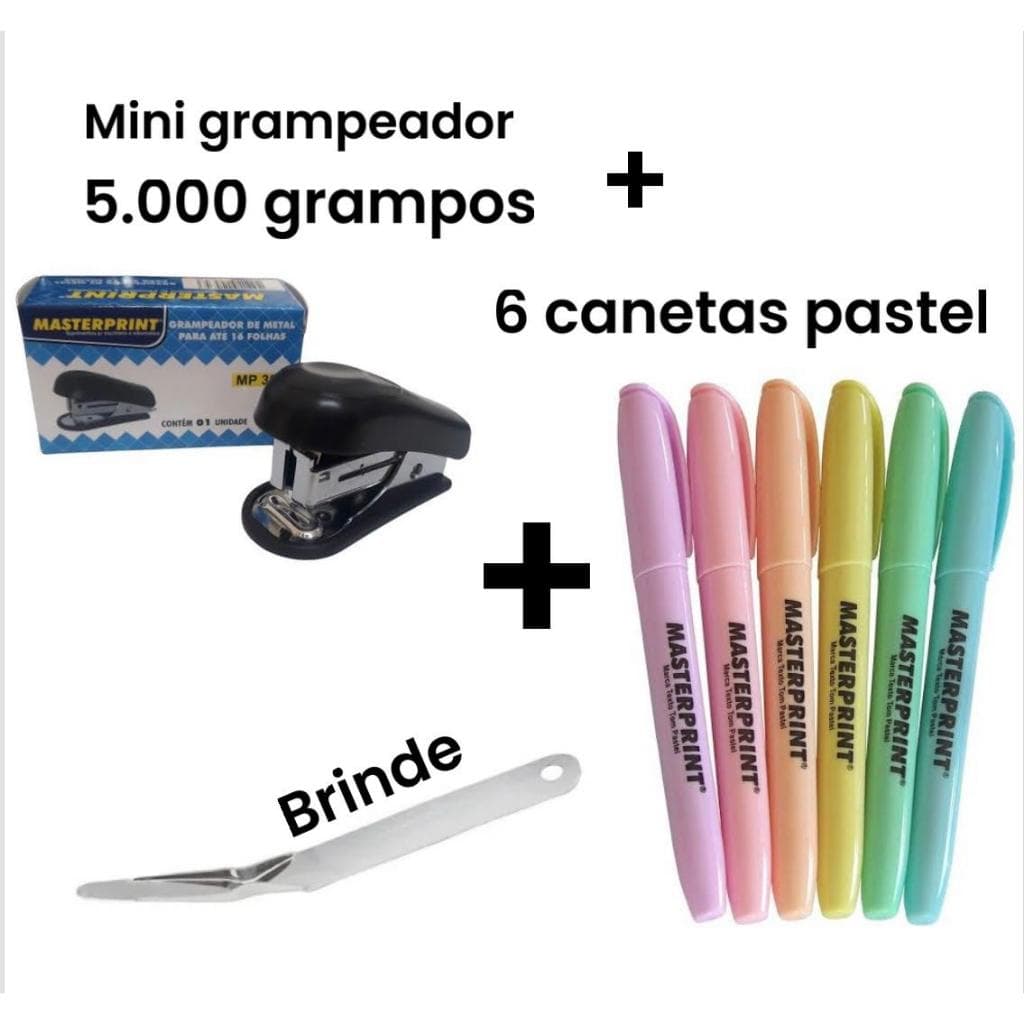 Kit Mini Grampeador + 5.000 Grampos + 6 Marca Texto pastel +Extrator de Grampos  Masterprint