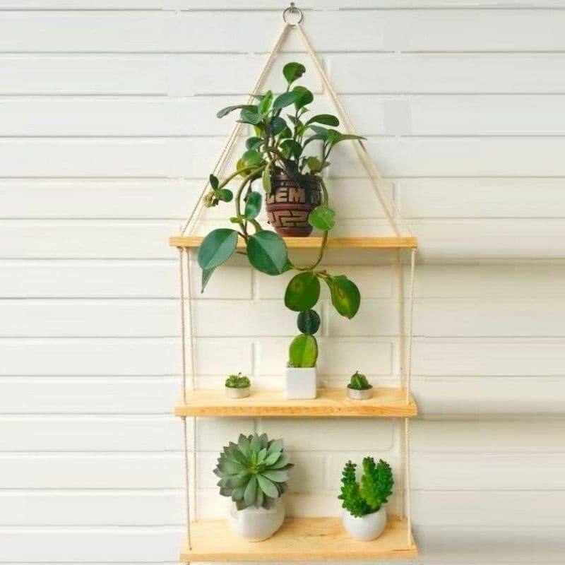 Prateleiras de Madeira Suspensa com Corda 3 andares Decoração Tendência