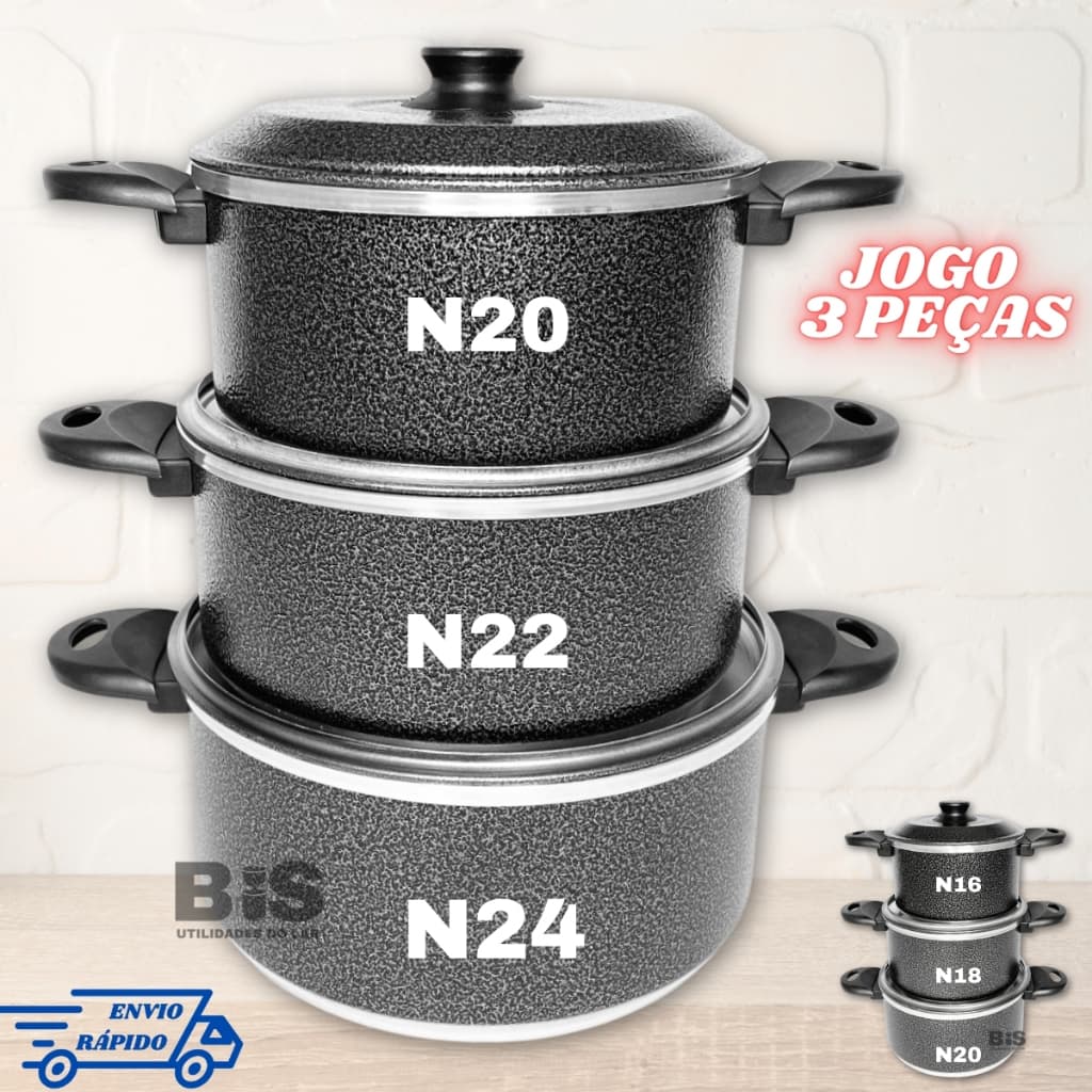 Jogo de Panela Com 3 Peças Kit Conjunto Caçarola N16-18-20 Ou 20-22-24