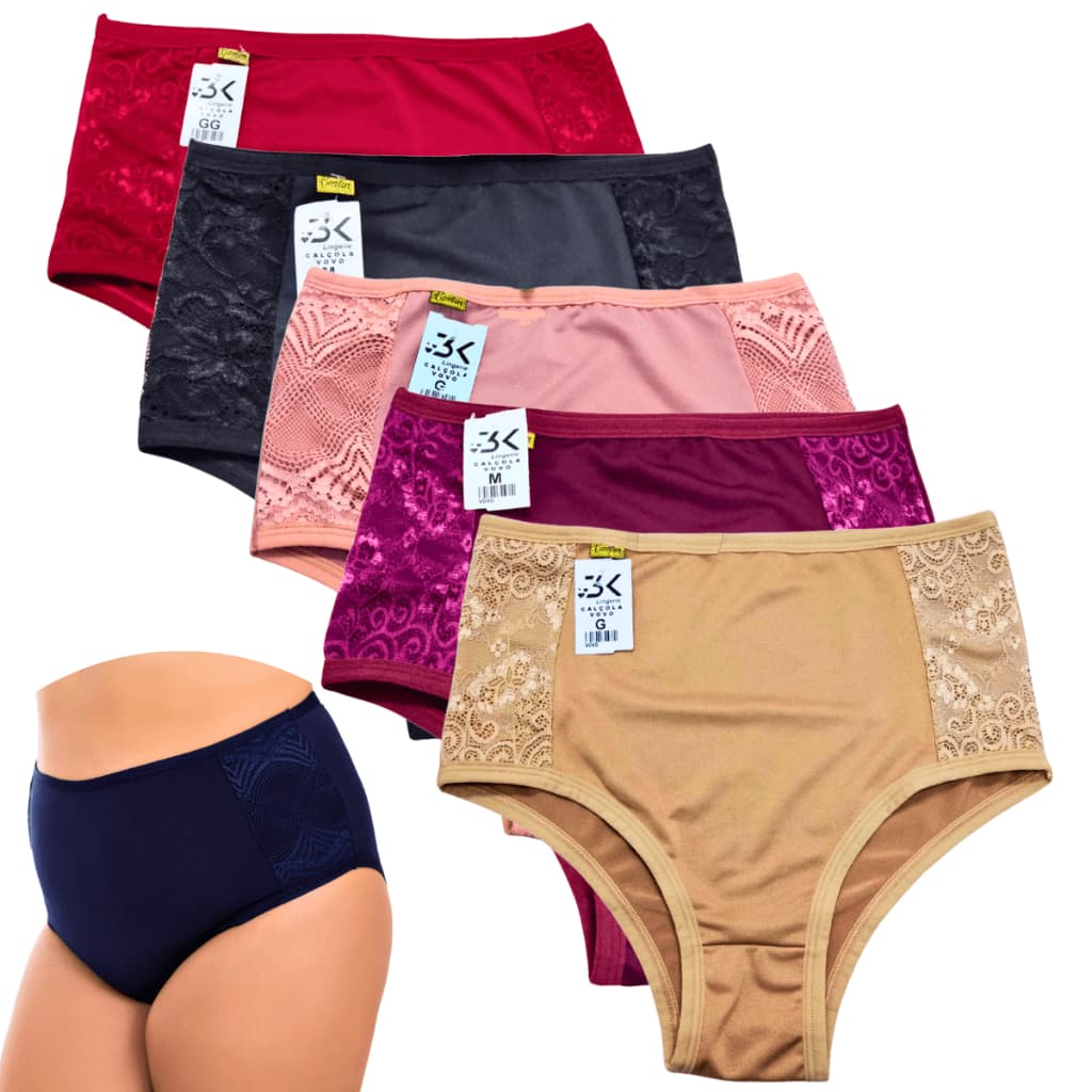 Kit de Calcinha Senhora Calçola Plus Size e Regular Feminino Cintura Alta Lateral larga