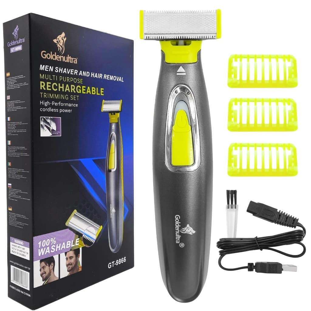 Barbeador Eletrico A Prova D'agua Usb Flexivél Profissional 110V/220V Corpo e Rosto GT-9866 Golden