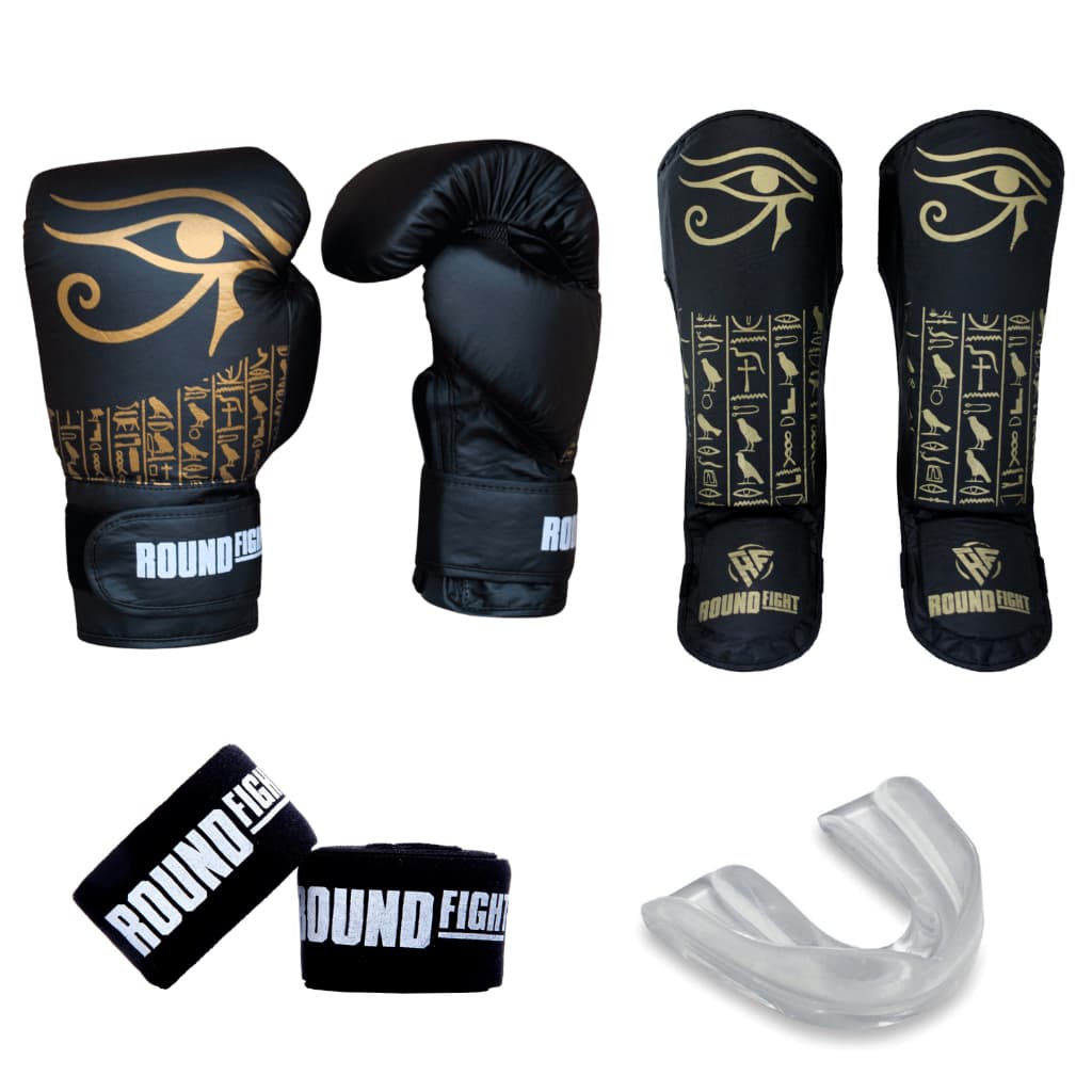 Kit Muaythai Kickboxing Luva Bandagem Bucal Caneleira Egito