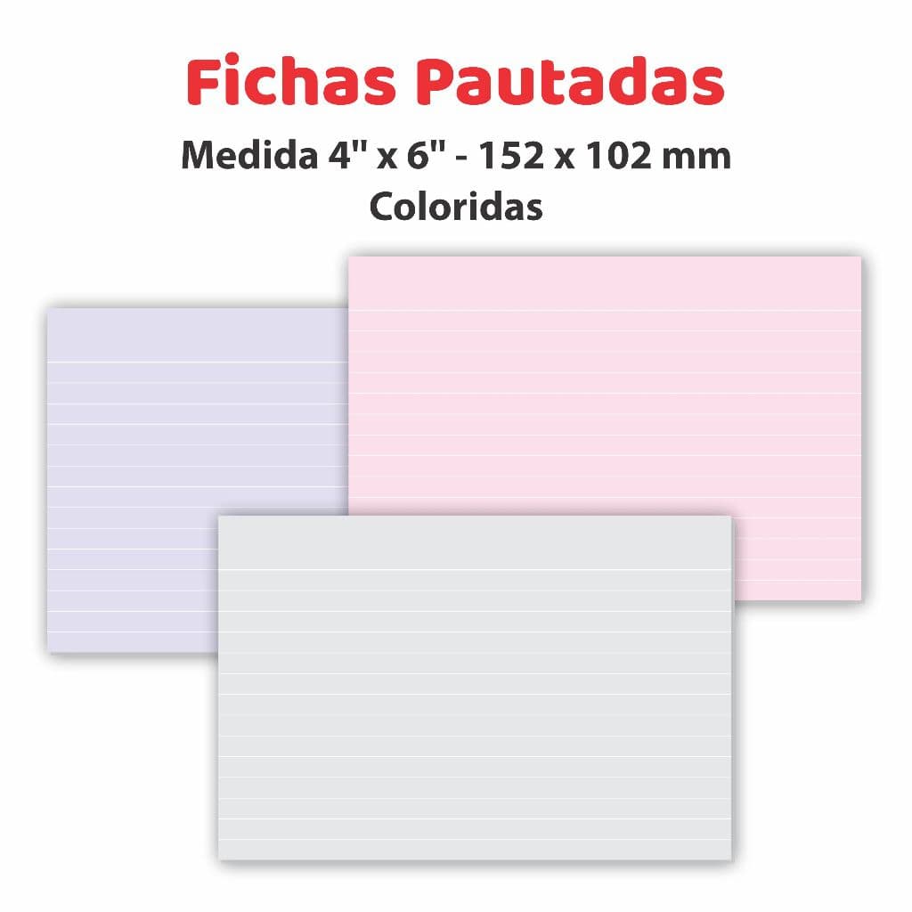 Fichas Pautadas 4x6" em Papel Cartão para Flash Card Anotações Coloridas Pauta Branca