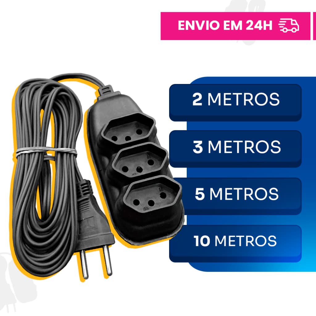 Extensão Elétrica 2, 3, 5 ou 10 metros Bivolt Tripolar 10A Resistente Cor Preta