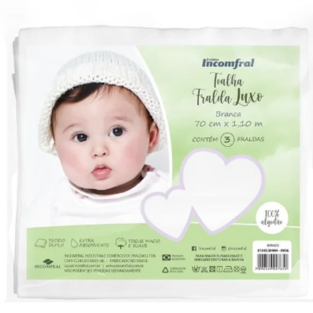 Toalha Fralda Luxo 03 unidades 70cm x 1,10cm branca