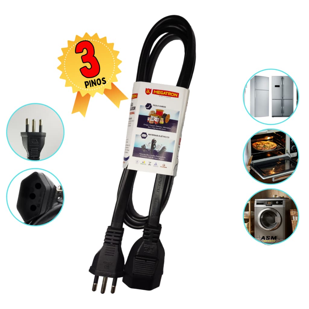Extensão Elétrica 20A 3 Pinos e 2 Pinos p alta potencia Cordão prolongador curvo 1,5 Metros Megatron