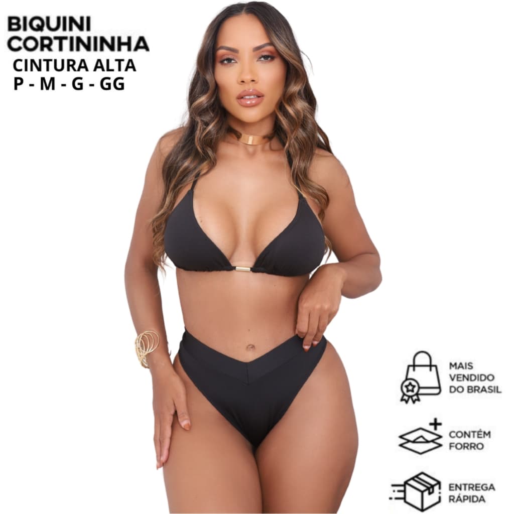 Biquíni EFEITO LIPO Top Cortininha Calcinha Asa Delta Cintura Alta de Cós