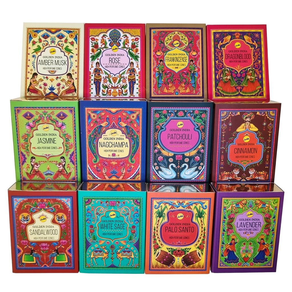 Incenso Cone Cascata Xamânico Backflow Golden India Unitário Palo Santo Nag Champa Salvia Branca