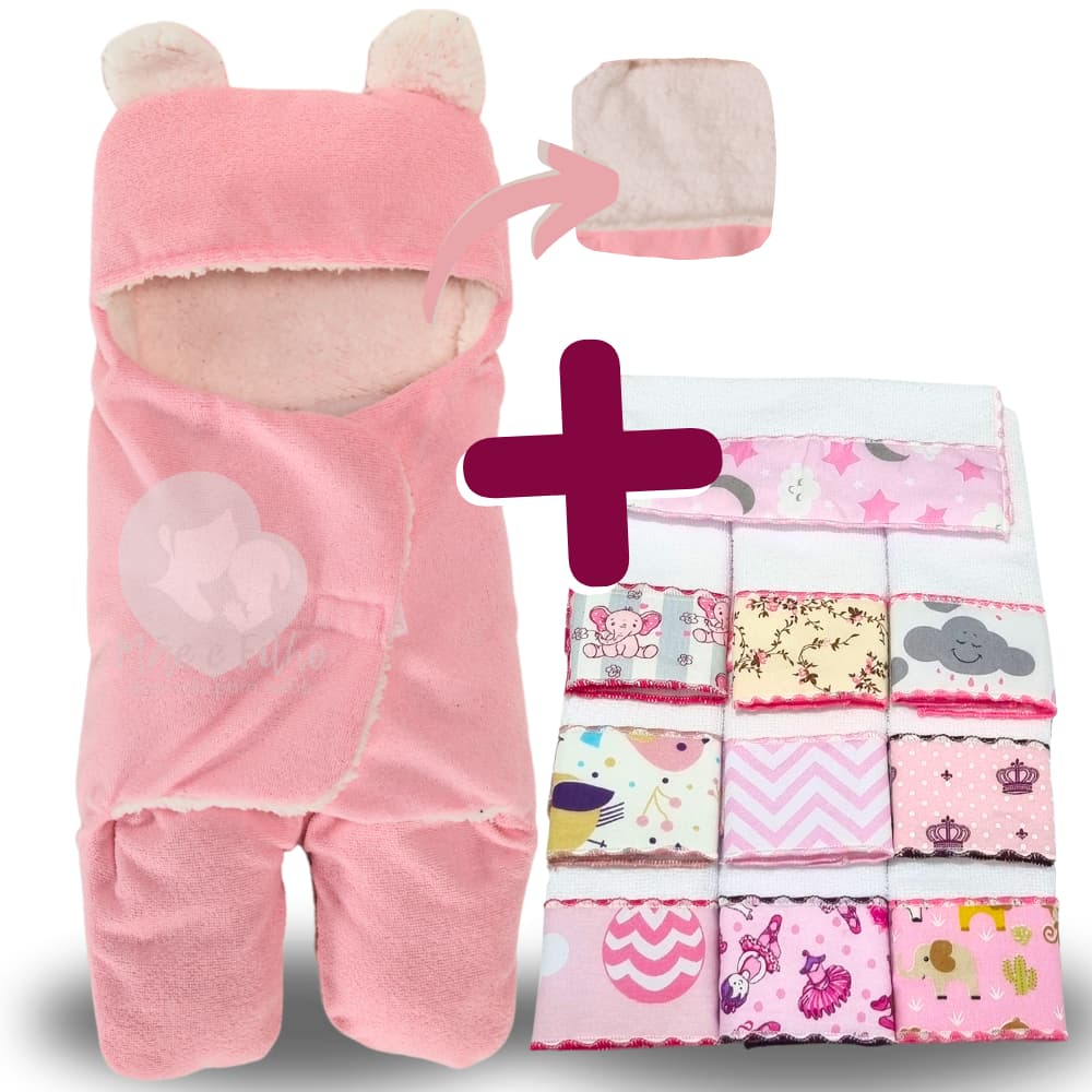 Kit Saco de Dormir com Orelhas com Forro em Sherpa + 6 Toalhas de Ombro Atoalhadas Overlocadas