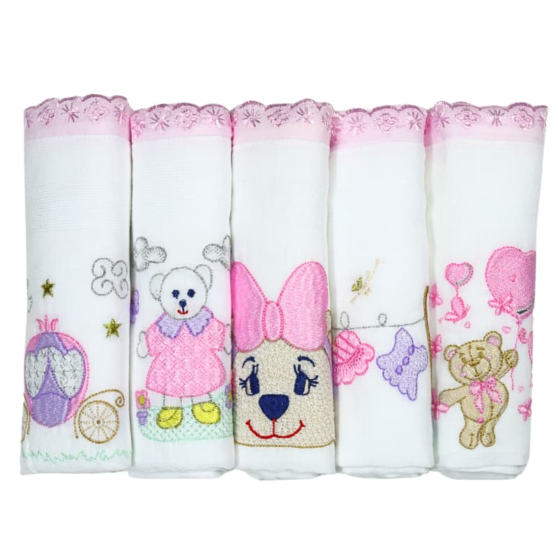 Kit com 5 Fraldas dupla de Pano Bordadas - Antialérgico 100% Alogdão Macio Premium 0,70 x 0,70cm