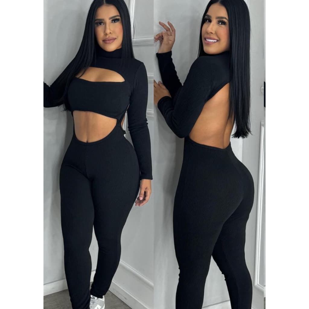 Macacão feminino longo com decote costas nua preto canelado do PP ao GG