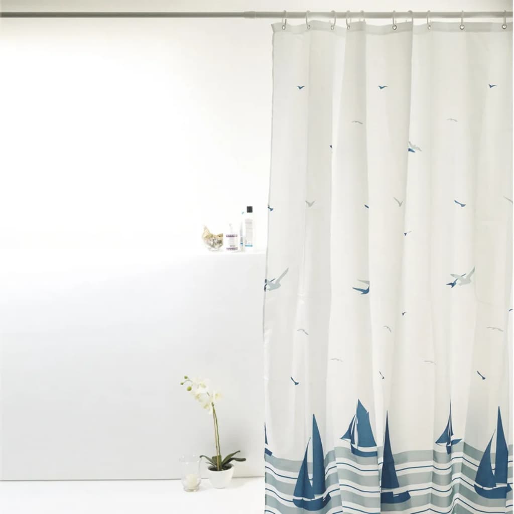 Cortina Box Banheiro Poliéster 198cmx180cm Antimofo Barco Azul Cortina Lavável Antimofo Com Ganchos