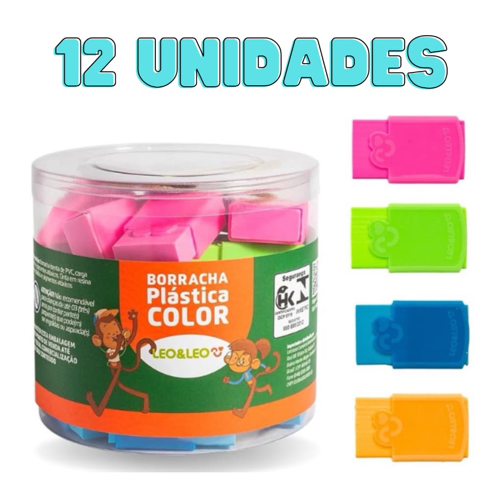 Borracha Plástica Color Com Capinha Leo&leo-Kit 12 unidades