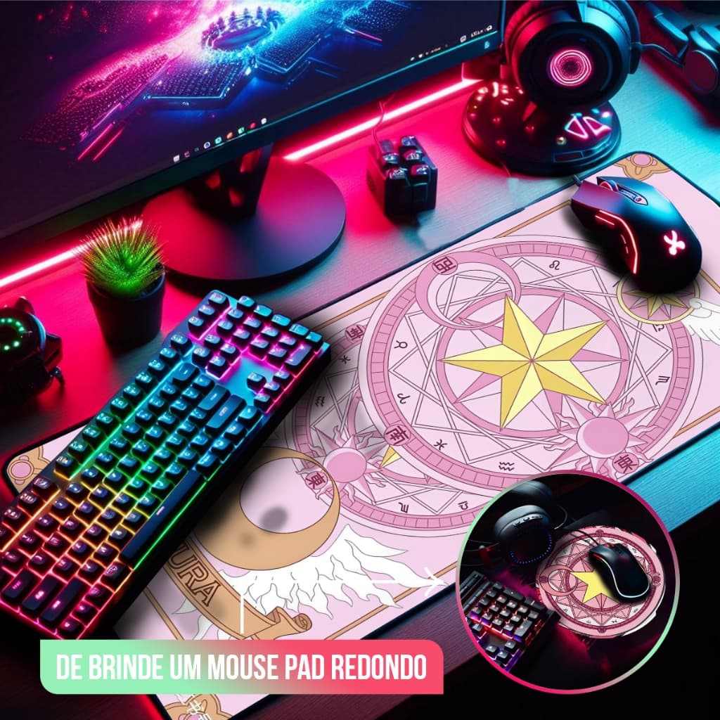 Kit 2 Mouse Pad Gamer Grande 70x35cm Redondo 20x20cm Borda Costurada Diversas Estampas