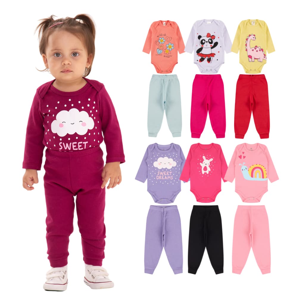 Kit 6 Peças de Roupas para Bebê Menina (3 Body Longo + 3 Calça Mijão) Kit 3 Body Roupa Infantil Bebê