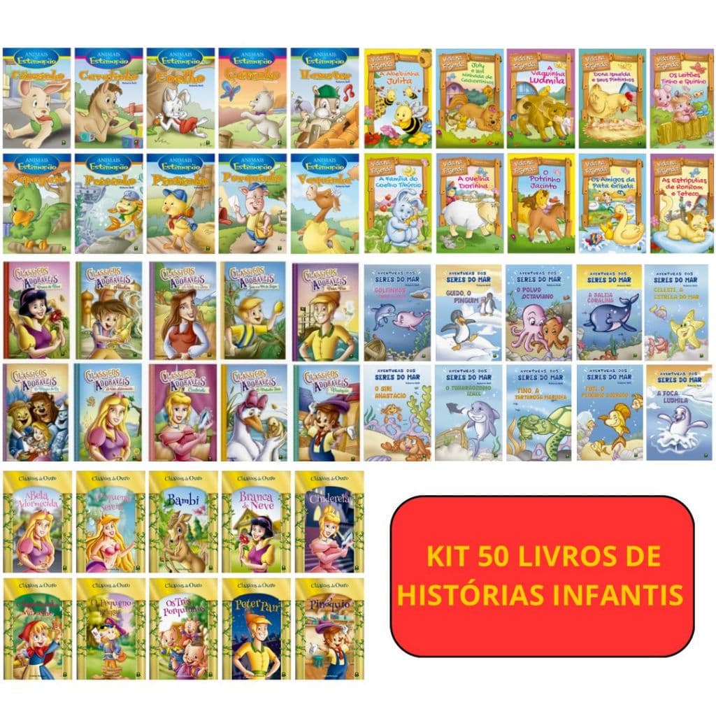 Kit com 50 livros de historias infantis -  Animais de Estimação, Vida Na fazenda, Clássicos e Aventuras dos seres do Mar