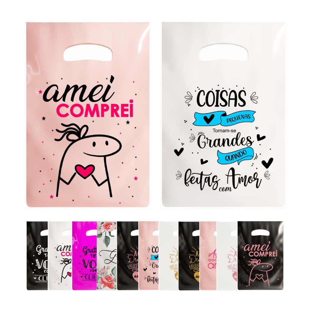 Sacolas Plasticas 30x40 M (ideal Para Roupas) Personalizadas com frases, boca de palhaço, alça vazada