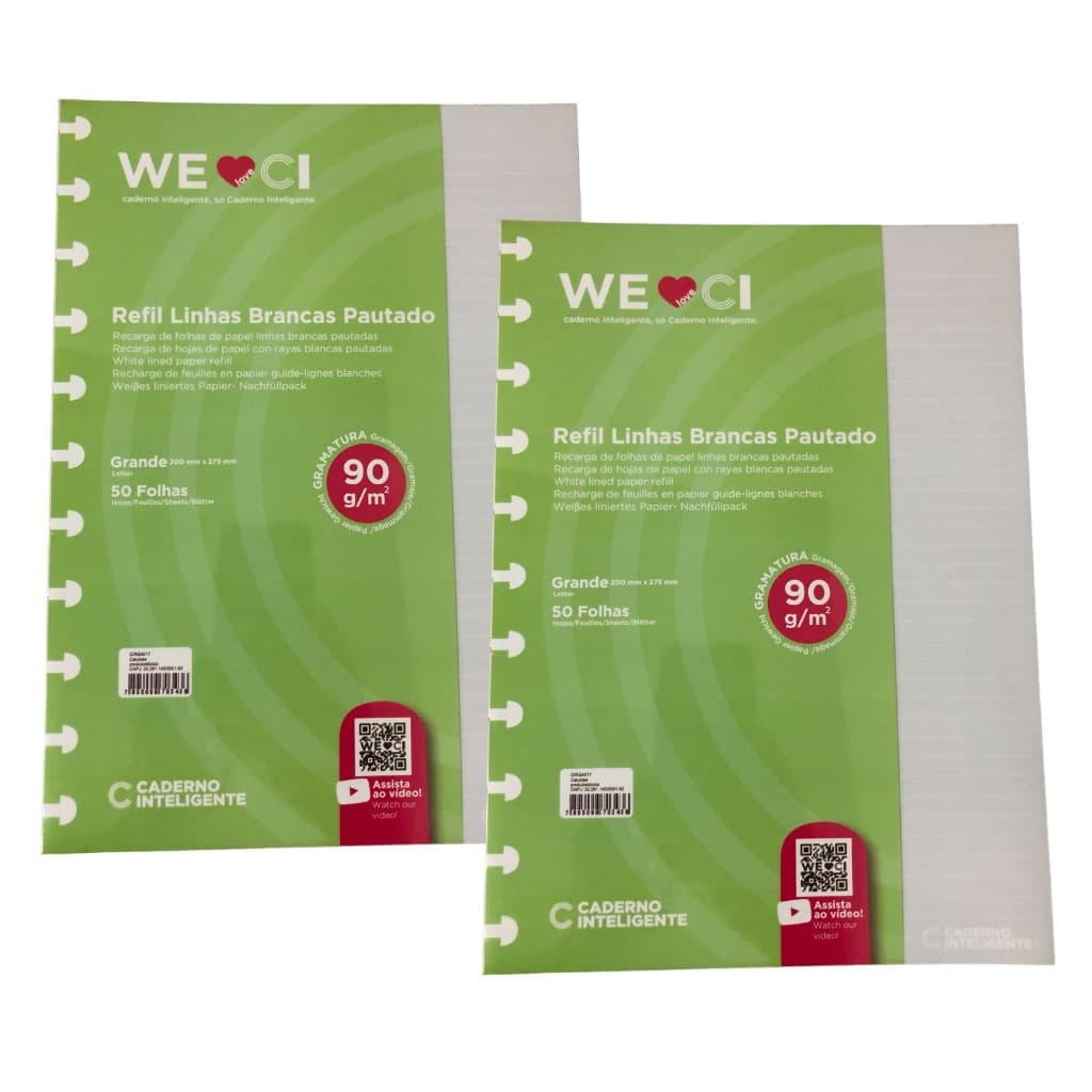 Kit 2x Refil Caderno Inteligente Original 50 Folhas Pautado Linhas Brancas - Grande 90g