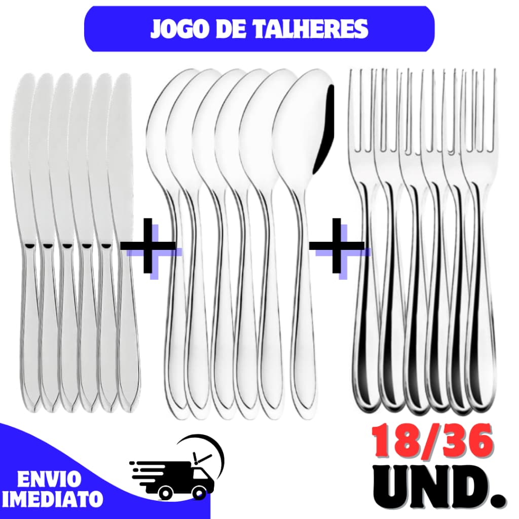 Jogo Kit de Talheres 36/18 peças Aço Inox 12/6 Facas 12/6 Garfos e 12/6 Colheres de Mesa Casa