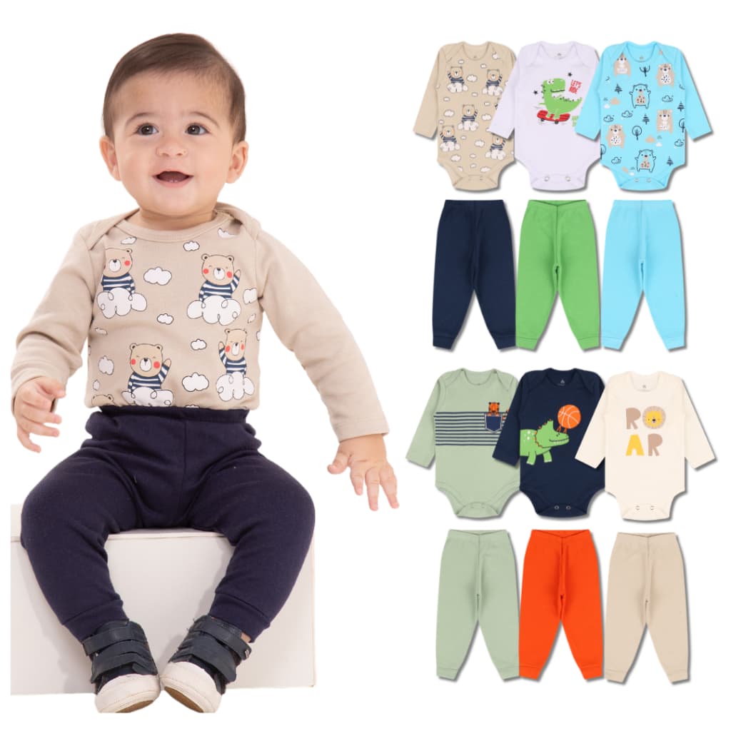 Kit 8 Peças de Roupas para Bebê Menino (4 Body Longo + 4 Calça Mijão)Kit 4 Conjunto Body + Calça Roupa Infantil Bebê